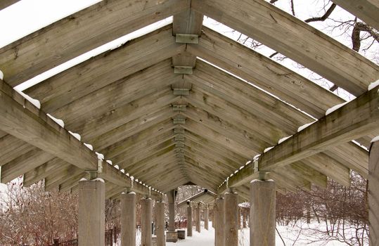 A structure built over a walkway in Minneapolis, Minnesota.