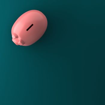 TOP VIEW OF PIGGY BANK ON CYAN BACKGROUND