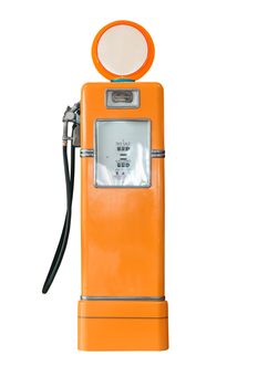 Old orange petrol gasoline pump isolate on white background