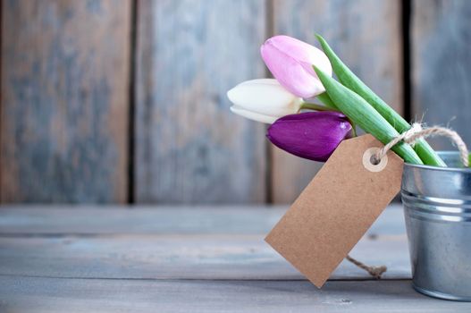 Spring tulips in a pot wooden background with space