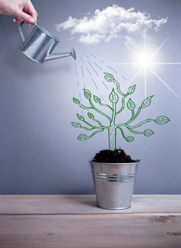 Sketch of a tree inside a pot being watered 