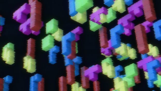 3d rendering of 3d blocks from tetris vintage game on a faded screen with tv noise.