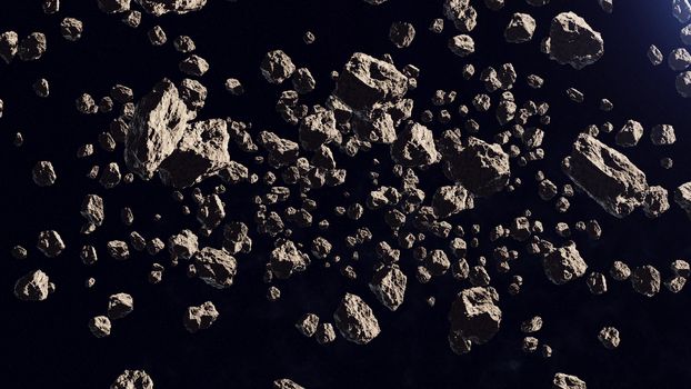 3d rendering of a lot of asteroids in a far off orbit on a black background.