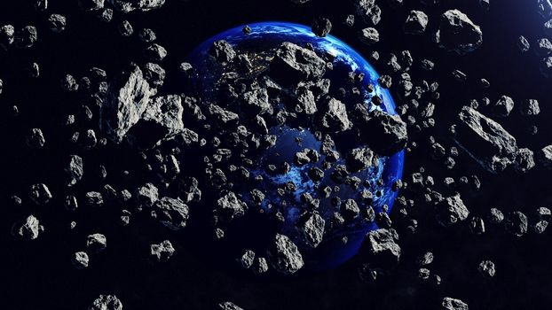 Inside the Asteroid belt seen against the Earth planet in the space. 3d rendering. Elements of this illustration furnished by NASA.