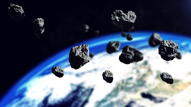 3d rendering of the asteroids ready to attack on the Earth Planet. Elements of this illustration furnished by NASA.