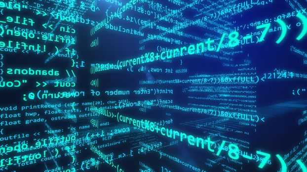 3d rendering of Digital technology on display. Computer script typing work. Abstract IT technology background. Database bits access stream visualisation. Mobile app developer.