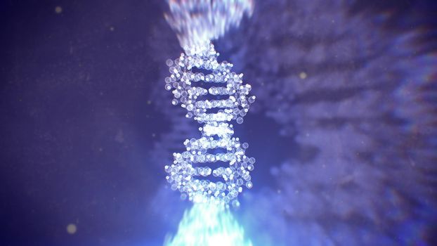 Abstract 3d rendering of DNA structure under an microscope on a dark blue background.