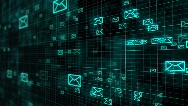 Glow mail envelopes on a dark grid background and in perspective view. Internet technology concept of email. 3d rendering.