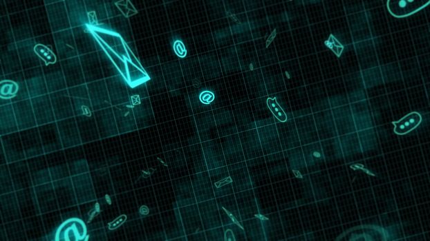 3d rendering of Sms, Email and Envelope icons in motion on a dark backdrop.