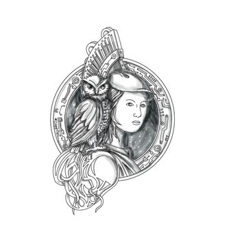 Tattoo style illustration of Athena or Athene, the goddess of wisdom, craft, and war in ancient Greek religion and mythology with owl perched on shoulder set inside circle with electronic circuit board set on isolated white background. 