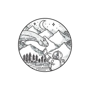 Tattoo style illustration of an astronaut pointing to a brontosaurus with mountain, moon and stars in the background set inside circle. 