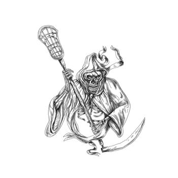 Tattoo style illustration of the grim reaper lacrosse player holding a crosse or lacrosse stick defense pole viewed from front on isolated background. 