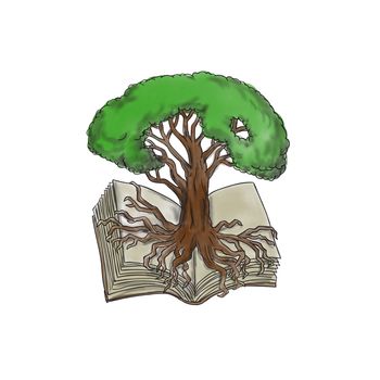 Tattoo style illustration of a tree rooted on book set on isolated white background. 