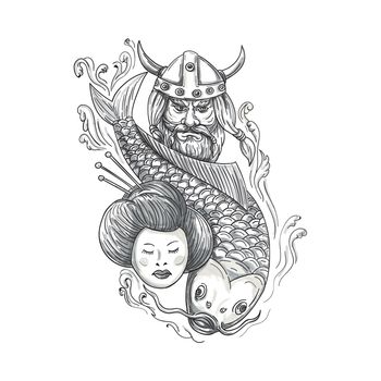 Tattoo style illustration of a head of a norseman viking warrior raider barbarian wearing horned helmet with beard, koi carp fish diving and geisha girl viewed from front set on isolated white background. 