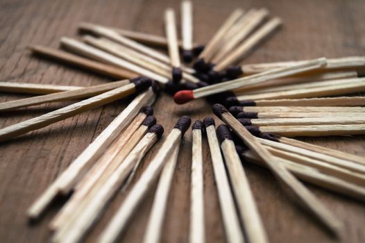 matches laid out in a circle on wooden background