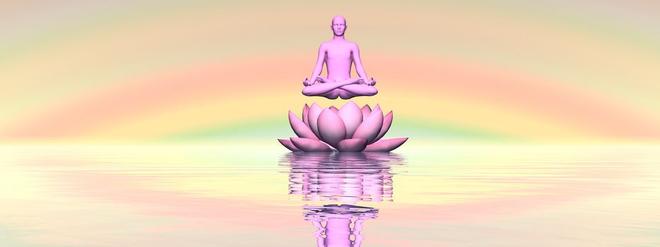 Man meditating upon single lily lotus flower and water in rainbow sunset background - 3D render