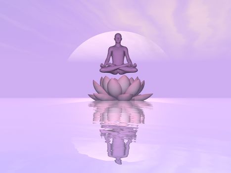 Man meditating upon single lily lotus flower and water in violet sunset background - 3D render