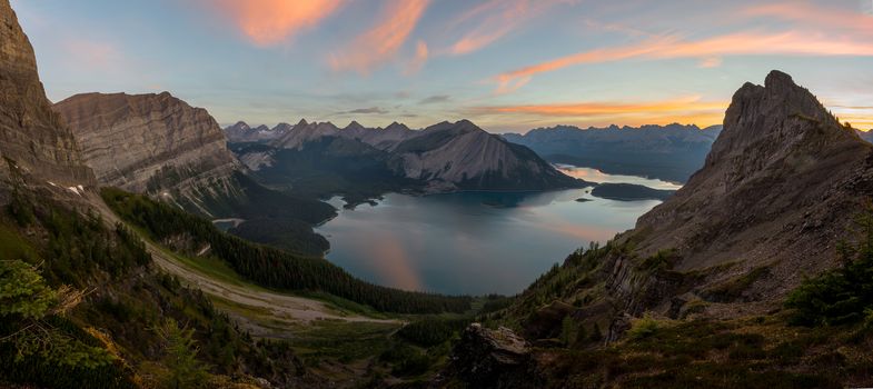 Panorama of Kananaskis lakes at sunrise from sarrail ridge summer