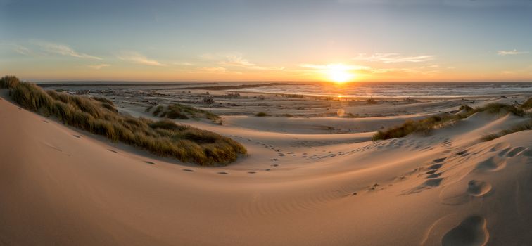 Panorama of sand dune beach at sunset oregon coast