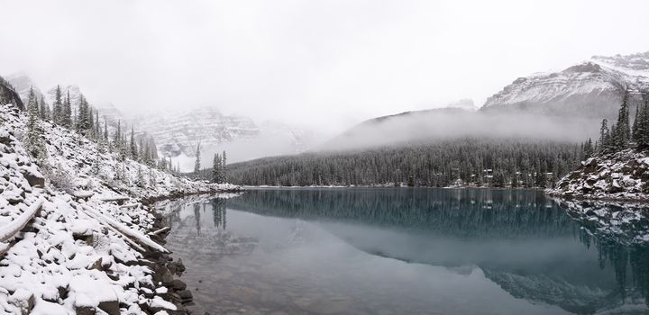 Moraine lake after a dusting of fresh snow in the fall