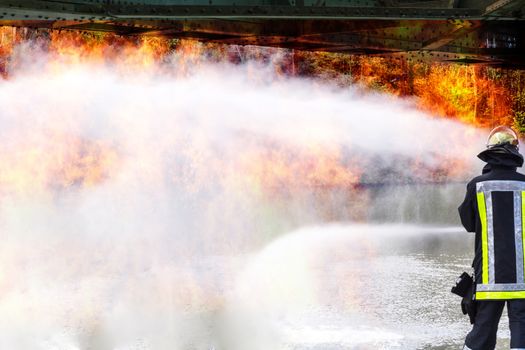 Fire brigade spray fire water from fire hose during a forest fire.