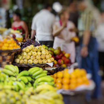 FUNCHAL, PORTUGAL - JUNE 25: Fresh exotic fruits in Mercado Dos Lavradores.on June 25, 2015 in Madeira Island, Portugal.

