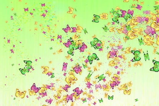 Green, yellow and pink butterflies on a light green background
