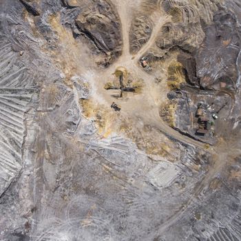 Aerial view over the building materials processing factory. Sand mine. View from above.