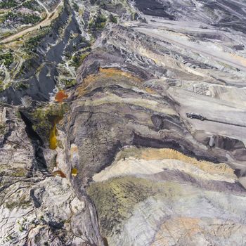 Surface coal mining in Poland. Destroyed land. View from above. Surrealistic landscape.