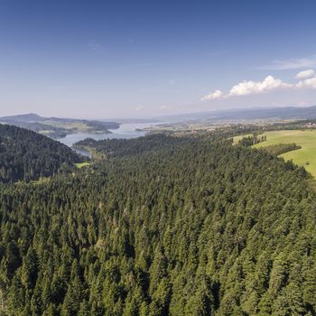 Panorama from Pieniny to Czorsztyn Lake and Tatra Mountains - Poland. View from above.