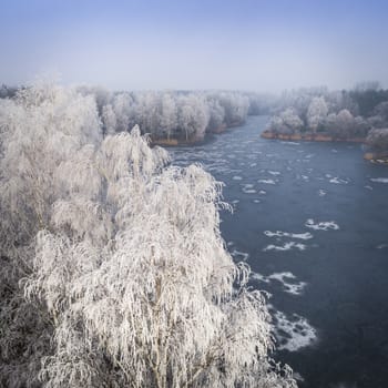 Aerial view of the winter background with a snow-covered forest and lake from above captured with a drone in Poland.