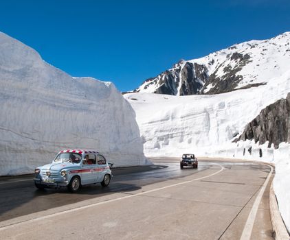 Gotthardpass, Switzerland - May 14, 2015: Beautiful sunny spring day for the day of the Feast of the Ascension. The pass is still a lot of snow in the winter