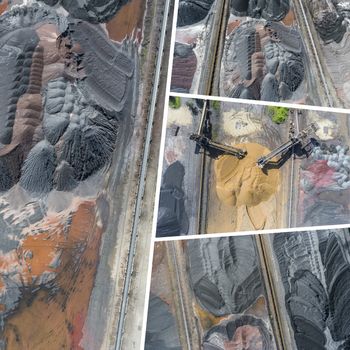 Mining excavator on the bottom surface mine. Brown coal deposits. View from above.- photography from the air (my photos)