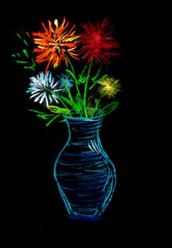 blue vase with red, orange and yellow flowers. pastel