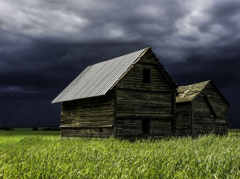 Sunny green grass and old barn in field with dark storm clouds in the background