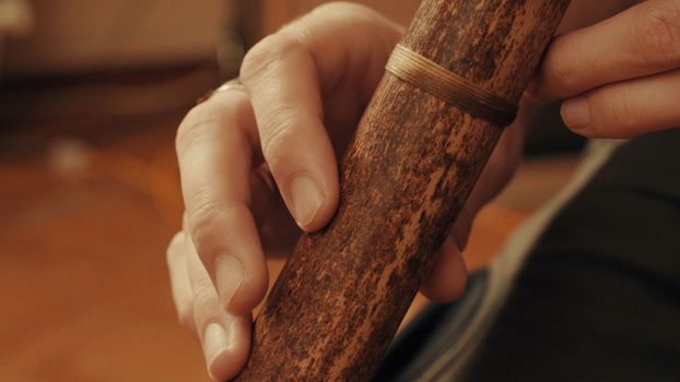 Hands of musician plays the flute. Close up