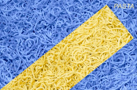 Two tone textured background blue and yellow pasta, the inscription on the edge.