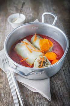 Cabbage rolls filled with minced meat and rice. 