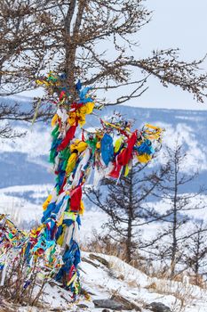 Ribbons on the tree. Winter in mountains