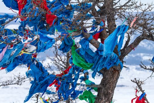 Ribbons on the tree. Winter in mountains