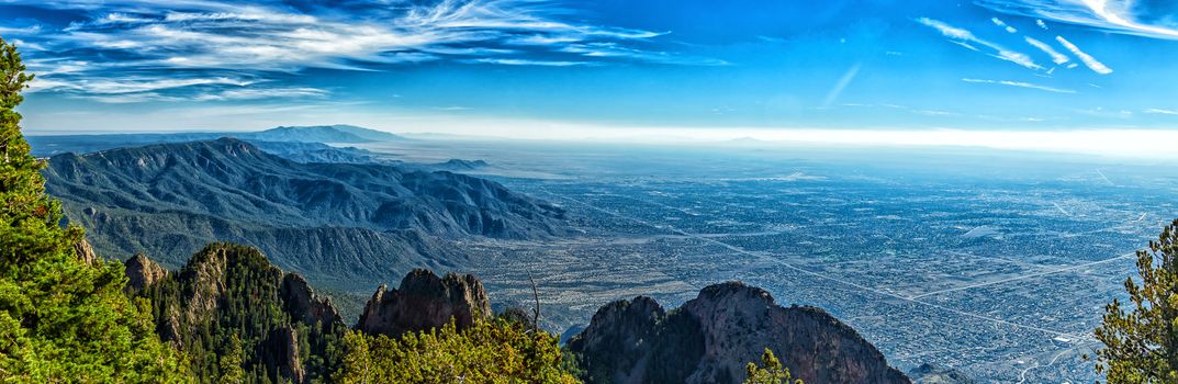 A view of Albuquerque, New Mexico (Elev. 5,312 ft.) from the 10,678 foot elevation of Sandia Crest.
