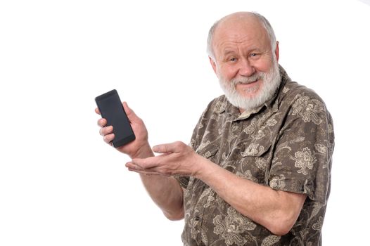 Senior cheerful bald and bearded white haired man showing something at smartphone screen, isolated on white background