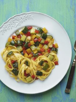 close up of rustic  healthy italian pasta primavera