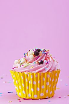Sweet cupcake with sprinkles and chocolate balls isolated on a pink background 