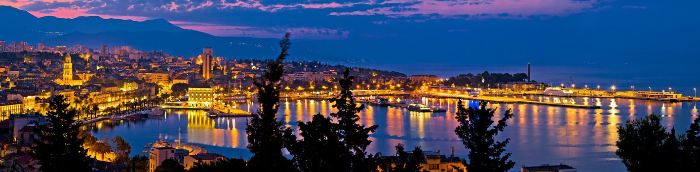 City of Split aerial panoramic view at dawn, waterfront and Diocletian palace, Dalmatia, Croatia