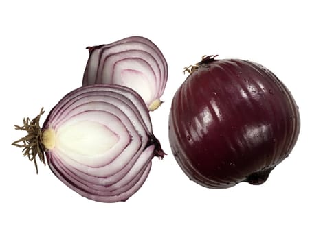 Red onion vegetable isolated. Closeup cut onion organic food concept.