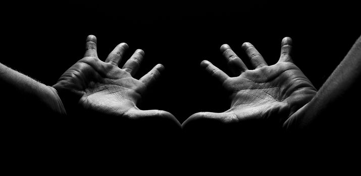 black and white shot of hands illuminated by sunlight