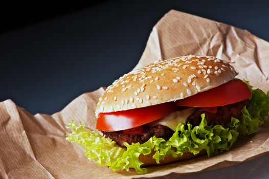 Tasty cheeseburger with tomatoes and fresh green lettuce