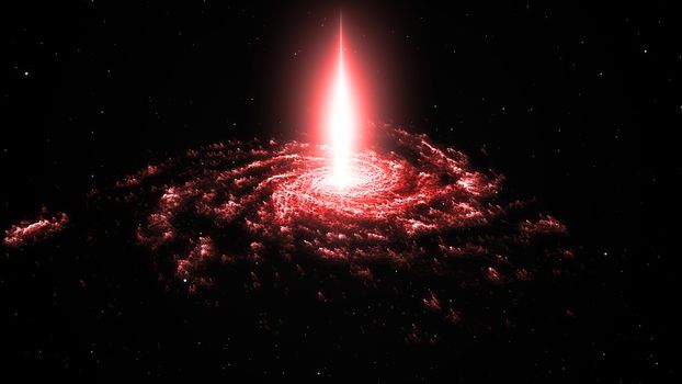 Spiral nebula and light ray in deep space with stars. 3D rendering