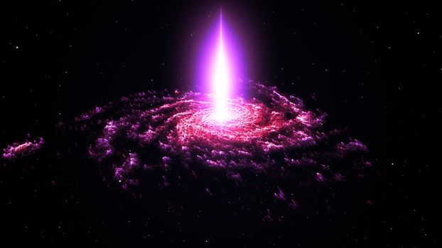 Spiral nebula and light ray in deep space with stars. 3D rendering